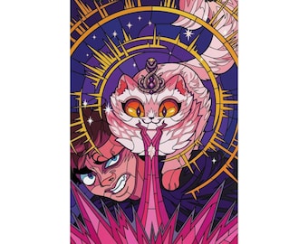 May include: A digital illustration featuring a fluffy pink cat with large orange eyes and a snake-like crown, positioned above a person with a determined expression. The background displays a dark blue circular frame with gold accents and pink shards.