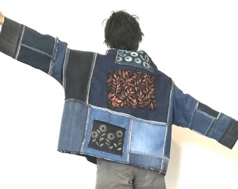 Upcycled Patchwork Denim Jacket - Recycled Denim Kimono with Bleach Embellishments - Unique Handmade Oversized Jacket - Urban Boho Style