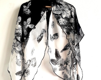 Sustainable recycled silk chiffon scarf, elegant women's formal stole, black and white floral shrug, handmade evening scarf