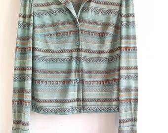 Luisa Spagnoli vintage 1970s shirt, viscose sweater with geometric Greek motifs, blouse made in Italy, boho chic, estimated size 40/42 IT