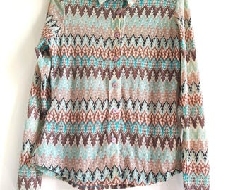 Vintage '70s "Plein Futur Paris" Shirt | Missoni-Style Zig-Zag Pattern | Pastel and Earth Colors | Size XS | Jersey