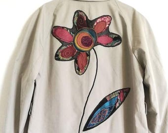 Beige Trench Coat with Silk Flower, Custom Upcycled Overcoat, Personalized Vintage Coat, Wearable Art, Size 52 L/XL