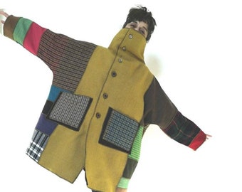 Women's coat, patchwork, upcycled clothes, wool coat, handmade, size M/L