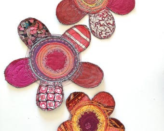 Bloemen van gerecyclede stof, jeanspatches, patchworkapplicaties, bloemenpatches, verkrijgbaar in 2 kleurvarianten, oranje en paars, 3 stuks