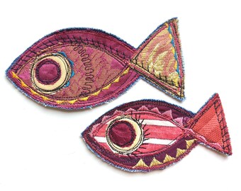 Set of 2 fish patches, available in 4 colors, red, green, gold, pink, decorative applications in recycled fabric, creative mending