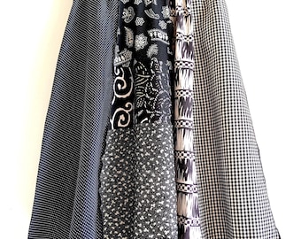 Long flared skirt, upcycled, patchwork of recycled vintage fabrics, with elasticated cotton knit band, size M