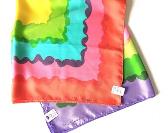 Vintage P.L. Gallieni 70s Scarf, Psychedelic Wave Square Scarf, Orange Purple Green Pink Colored Silk, Boho Chic Retro Bandana