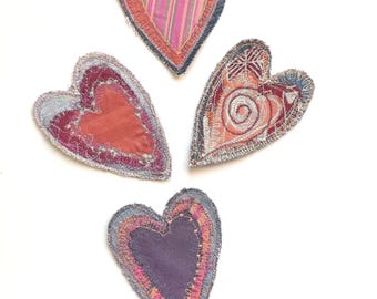 Handmade patches, upcycling heart patches, recycled fabric appliques, jeans patches, creative mending, handmade, reworked