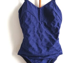 Vintage One-Piece Swimsuit, Navy Blue with Floral Embroidery, Deep Back, Made in Italy, Size 42, 90s, Retro Swimwear