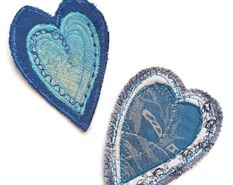 Upcycling heart patches, recycled fabric appliques, jeans patches, creative mending material, handmade, reworked clothes, 2 pcs