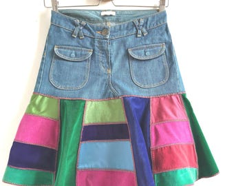 Chloé upcycled patchwork skirt, vintage boho chic Y2K denim and velvet mini skirt, handmade denim skirt, luxury hippie style, size 10 uk
