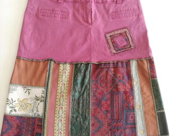 Upcycled Pink Patchwork Skirt, One-of-a-kind Piece from Recycled Trousers, Vintage Furnishing Fabrics and Brocades - Boho-Chic Style, Eco-friendly, M