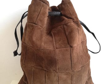 Vintage Brown Suede Bucket Bag, Boho Chic Drawstring Fringe Backpack, 70s Patchwork Bag, Gift for Her