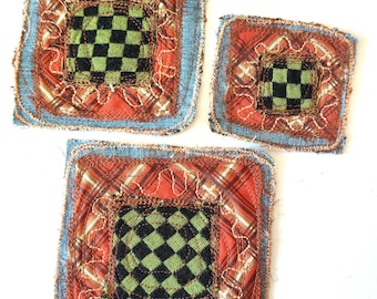 Handgemaakte vierkante patches, handgemaakte decoraties van gerecyclede stoffen, upcycling, gerecyclede stof, 3 stuks