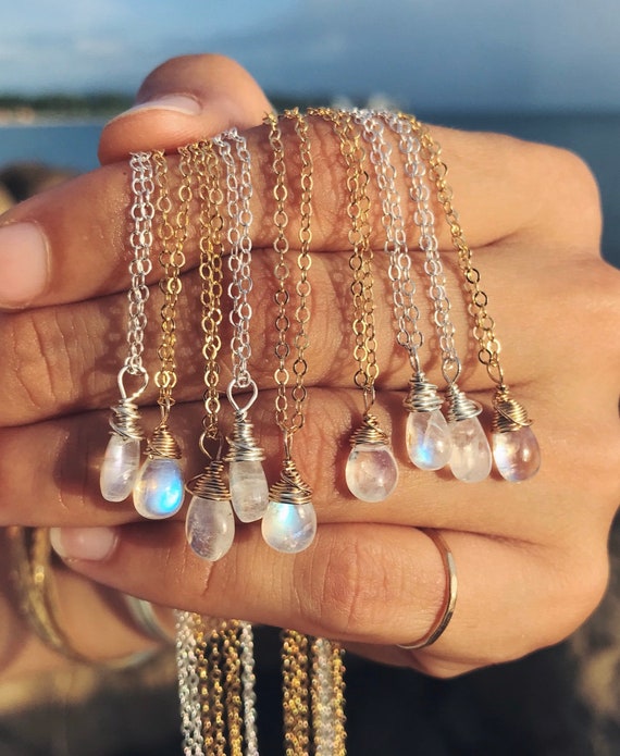 dainty rainbow moonstone necklaces on 14k gold fill or sterling silver chains