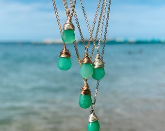 dainty apple green chrysoprase necklaces in sterling silver or 14k gold fill