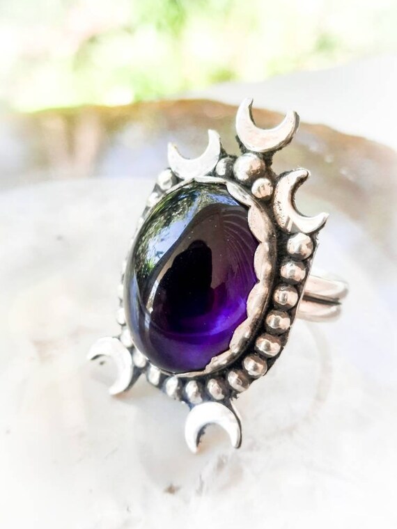 Celestial Amethyst Ring. Moon and Stars Ring. Statement Amethyst