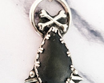 Black Jade Gothic necklace. Spikes and crossbone sterling silver pendant. Edgy Statement punk pendant