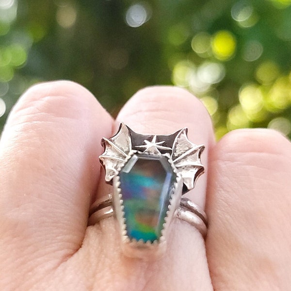 Aura opal coffin ring. Sterling silver bat wing ring. One of a kind goth ring.