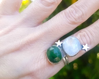 Moonstone and Serpentine celestial Ring. Sterling silver statement ring. One of a kind ring.