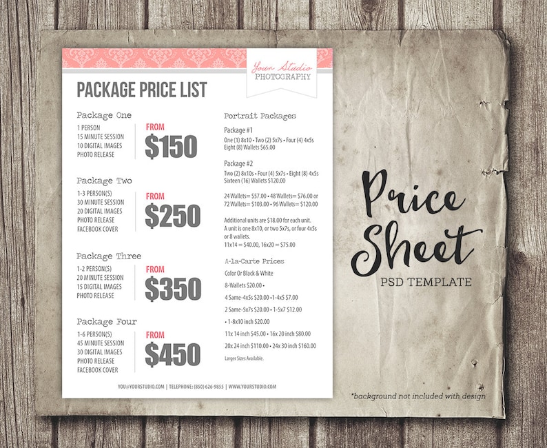 PSD Photography Pricing Template Photography Price List Photography Marketing Template