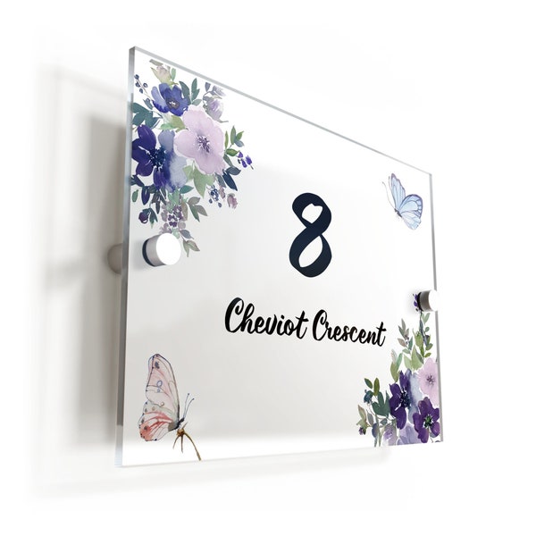 Floral Butterfly White Traditional Acrylic House Sign / Plaque Door Number 1 - 999 Personalised Street Name Plate