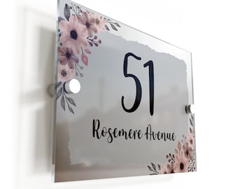 Floral Retro Acrylic House Sign / Plaque Door Number 1 - 999 Personalised Street Name Plate