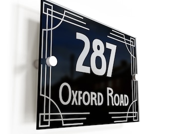 Black Silver Art Deco Border Acrylic House Sign - Personalised