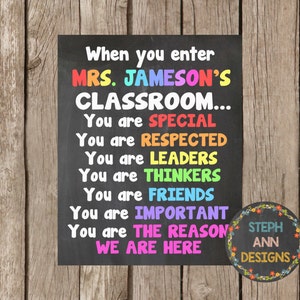 Może przedstawiać: Tablica w stylu szkolnym z tekstem "When you enter MRS. JAMESON'S CLASSROOM... You are SPECIAL..." w różnych kolorach. Znak zawiera tekst "STEPH ANN DESIGNS" w okrągłym wzorze z kwiatowymi akcentami.