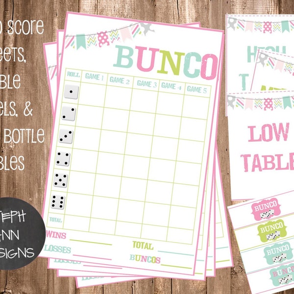 Printable Bunco Score Sheet- Printable Bunco Table Labels-Bunco Water Bottle Labels- Printable Bunco Set-