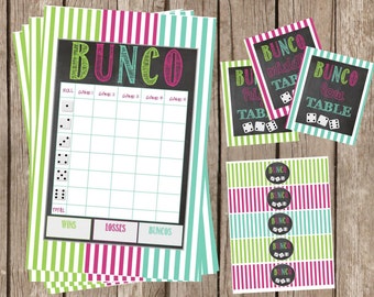 Printable Bunco Score Sheet- Printable Bunco Table Labels-Bunco Water Bottle Labels-Printable Chalkboard Bunco Set