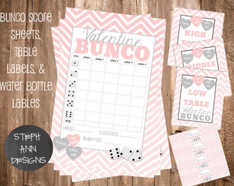 Printable Valentine's Day Bunco Score Sheet- Printable Valentine's Day Bunco Table Labels-Printable Valentine's Day Bunco Set