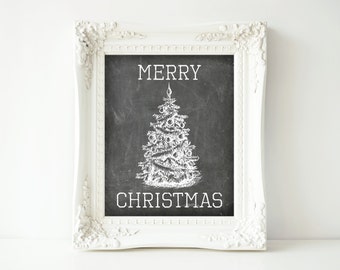 Printable Christmas Sign-8x10 and 18x24-Instant Download-Merry Christmas with Tree Chalkboard Sign