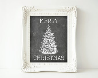 Printable Christmas Sign-8x10 and 18x24-Instant Download-Merry Christmas with Tree Chalkboard Sign