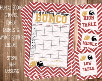 Printable Football Bunco Score Sheet- Printable Football Bunco Table Labels-Printable Football Bunco Set