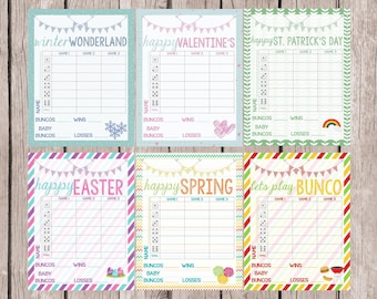 Printable Bunco Score Sheet Set-Digital Files- Score Sheet with Name, Total, (Baby) Buncos, Table Labels and Tally Sheets for All Holidays!