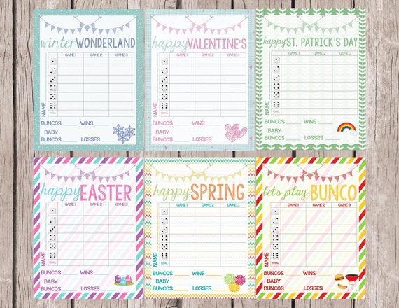 Printable Bunco Score Sheet Set-Digital Files- Score Sheet with Name, Total, (Baby) Buncos, Table Labels and Tally Sheets for All Holidays!