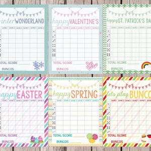 Ensemble de feuilles de pointage Bunco imprimables - Fichiers numériques - Feuille de pointage, étiquettes de table et feuilles de pointage pour toutes les vacances !