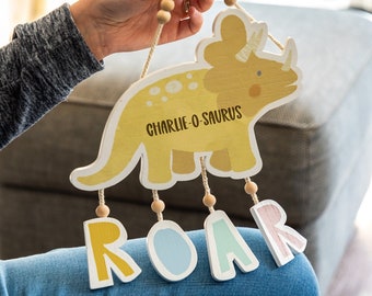 Dinosaur Sign - Name O Saurus Dinosaur Roar Sign - Personalised Dinosaur Sign - New Baby Gift - Gift For Children - Dinosaur Nursery - LC962