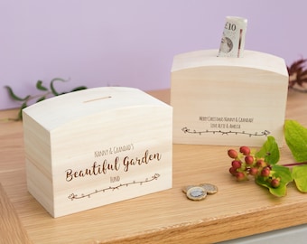 Garden Gifts - Garden Fund Money Box With Message - Personalised Money Box - Gardening Gift - Gift For Gardener - Wood Money Box - LC479