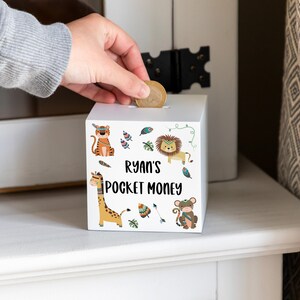 Personalised Money Box Jungle Animal Money Box Gift Childrens Money Box Gift For Children Wood Money Box White Money Box UV688 image 3