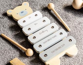 Christening Gift Bear Xylophone - Personalised Wooden Xylophone - Wood Music Toys - Musical Toys - Baptism Gift - Wooden Toys For Baby LC966