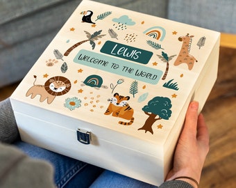 New Baby Keepsake Box - Gift For Newborn Mum Dad Parents - Personalised Wooden Memory Box - Jungle Animals - Gift For Pregnancy - UV411SQ