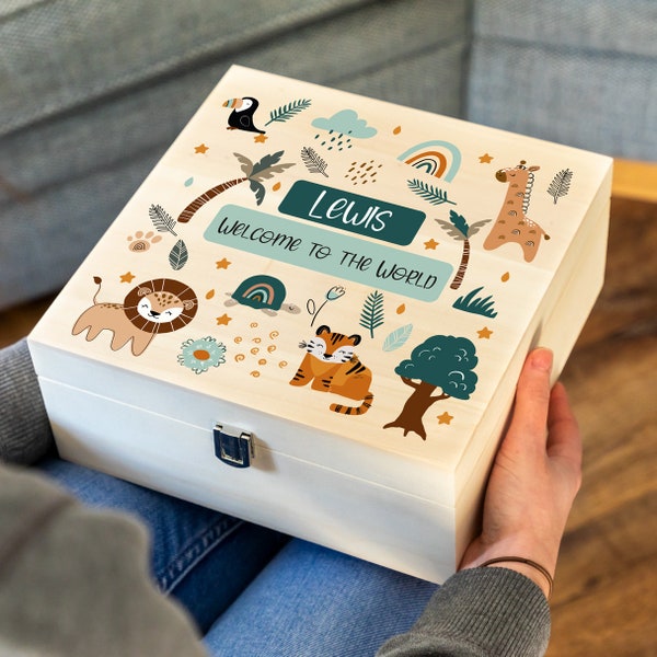 New Baby Keepsake Box - Gift For Newborn Mum Dad Parents - Personalised Wooden Memory Box - Jungle Animals - Gift For Pregnancy - UV411SQ