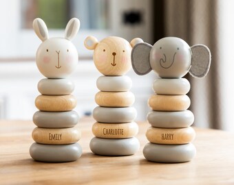 Stacking Toy - Wooden Stacking Toys - Wood Animal Toys - Personalised Wooden Toy - Elephant Bear Rabbit Toy - Wooden Toys For Baby - LC982