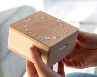 Girls Jewellery Box - Personalised Small Shooting Stars Jewellery Box With Lined Compartments - Beech Jewellery Box For Girls - UV851