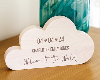 Wood Cloud - Welcome To The World - Personalised Wood Cloud Sign - New Baby Gift - Cloud Ornament - Wood Cloud - Cloud Nursery Decor - LC975