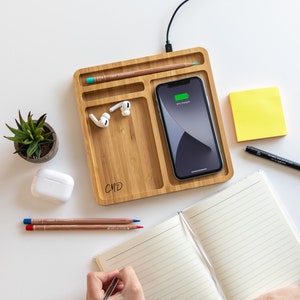 Desk Tidy Wireless Charger - Monogram - Phone Wireless Charging Pad - Wireless Charging Station - Desk Tidy With Phone Holder - LC711