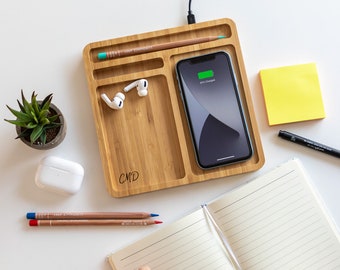 Desk Tidy Wireless Charger - Monogram - Phone Wireless Charging Pad - Wireless Charging Station - Desk Tidy With Phone Holder - LC711