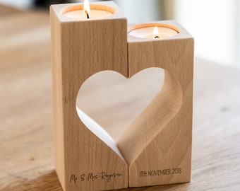 Wood Candle Holder Heart Set - Wedding Gift - Personalised Candle Holder - Tea Light Holder - Gift For Couple - Anniversary Gift - LC860